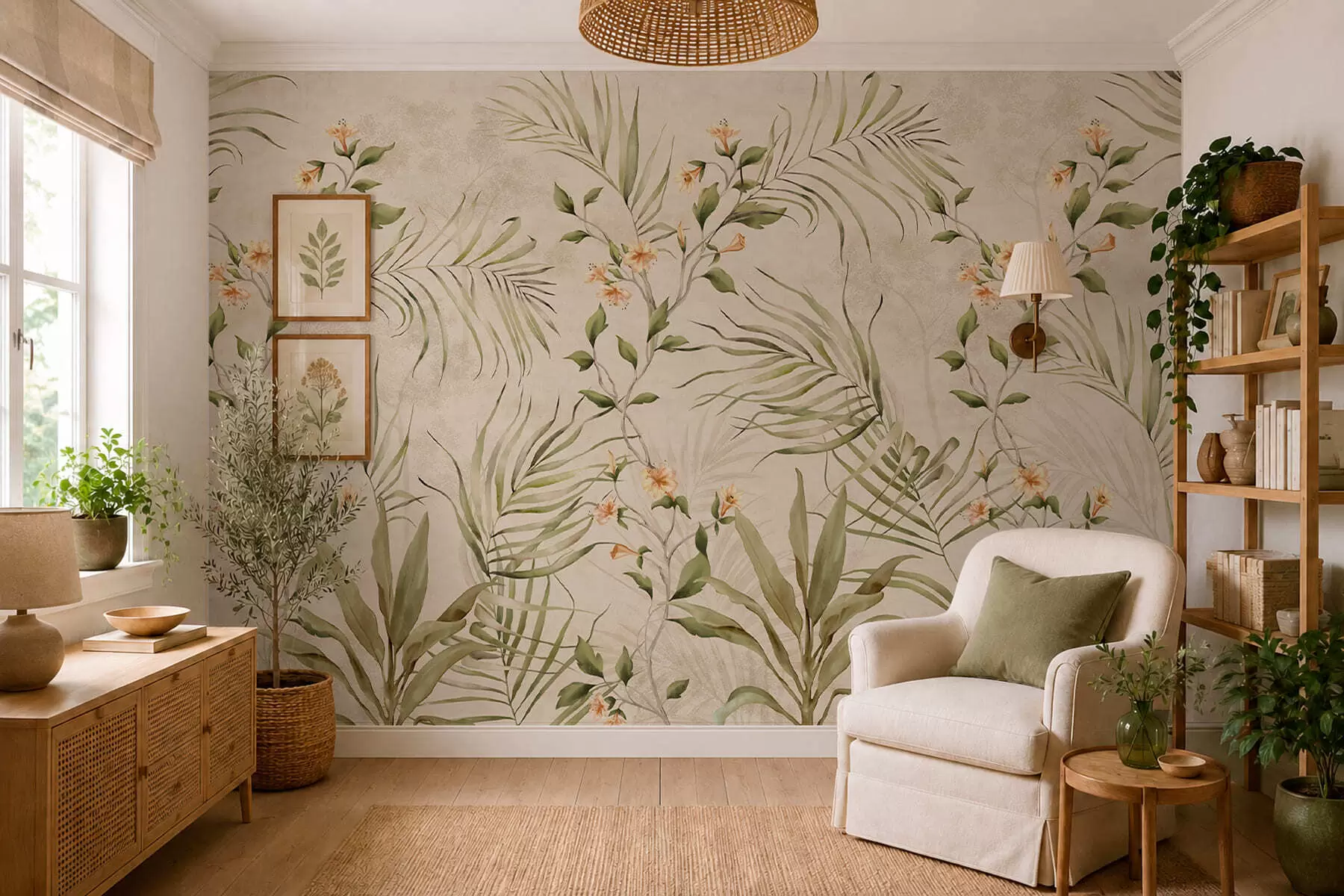 carta da parati Foglie tropicali e fiori delicati su sfondo beige nr. w05625
