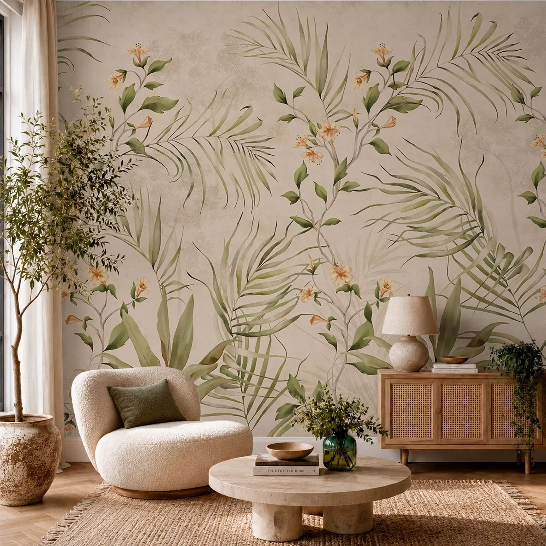 carta da parati Foglie tropicali e fiori delicati su sfondo beige nr. w05625