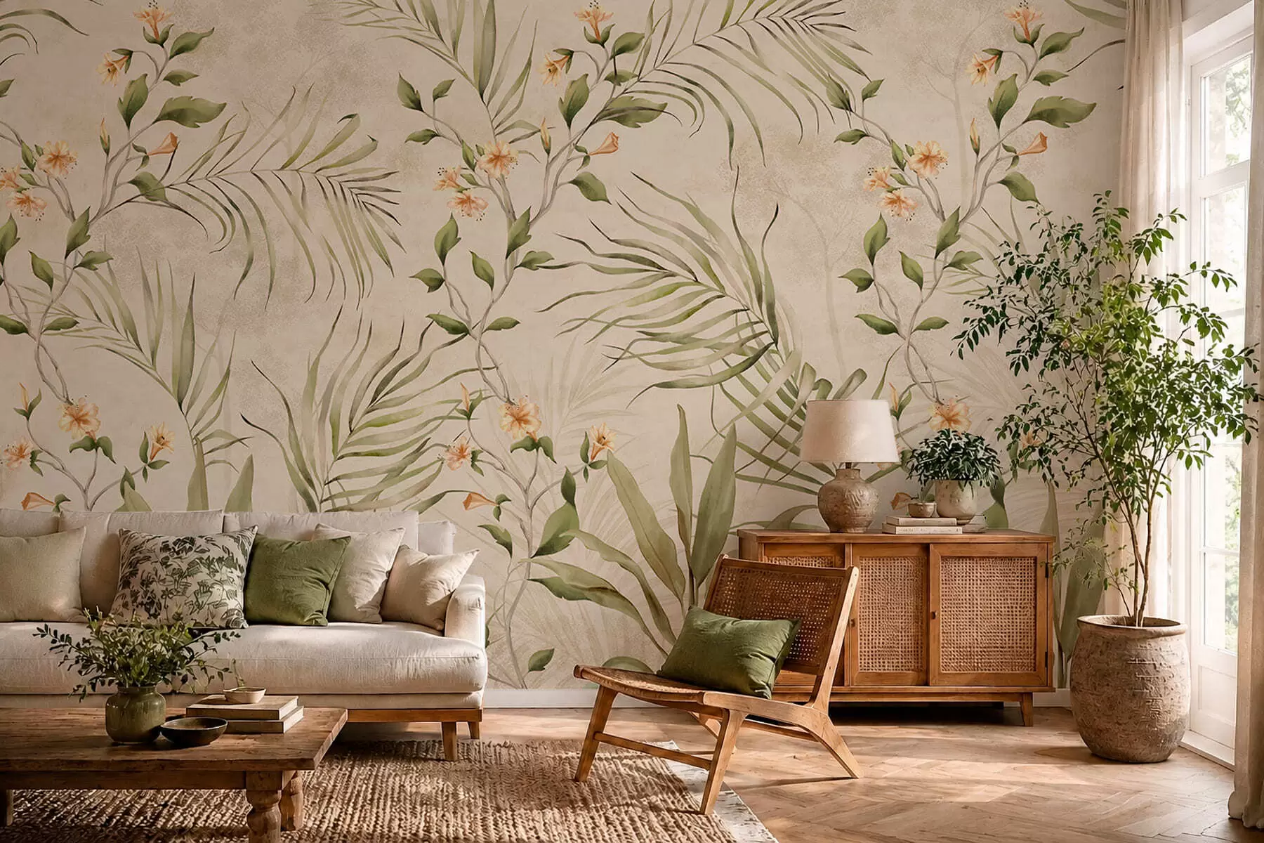 carta da parati Foglie tropicali e fiori delicati su sfondo beige nr. w05625