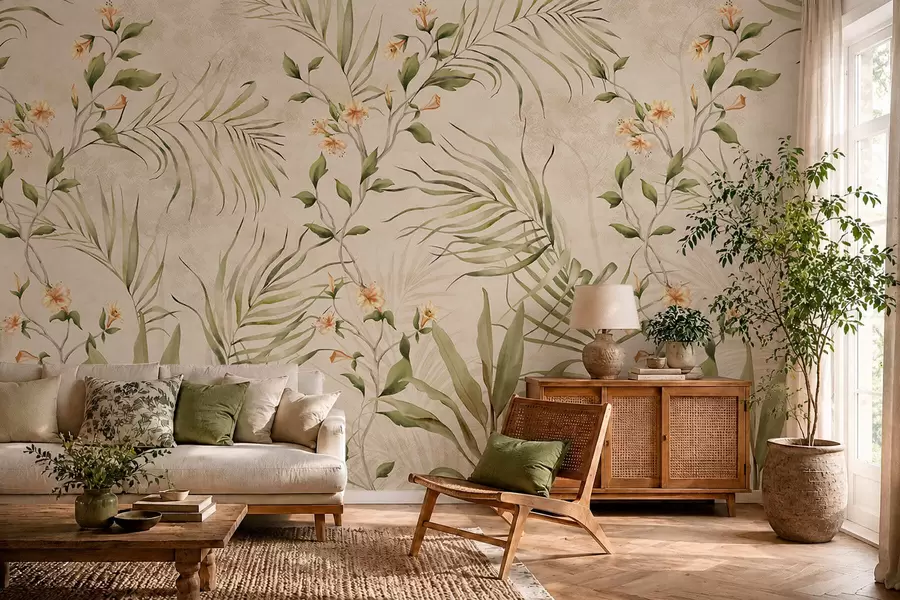 carta da parati Foglie tropicali e fiori delicati su sfondo beige nr. w05625