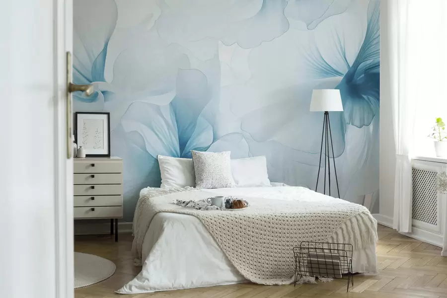 carta da parati Delicati fiori dai colori tenui con petali vaporosi e traslucidi in stile acquerello, un'elegante composizione floreale nr. w05360v2
