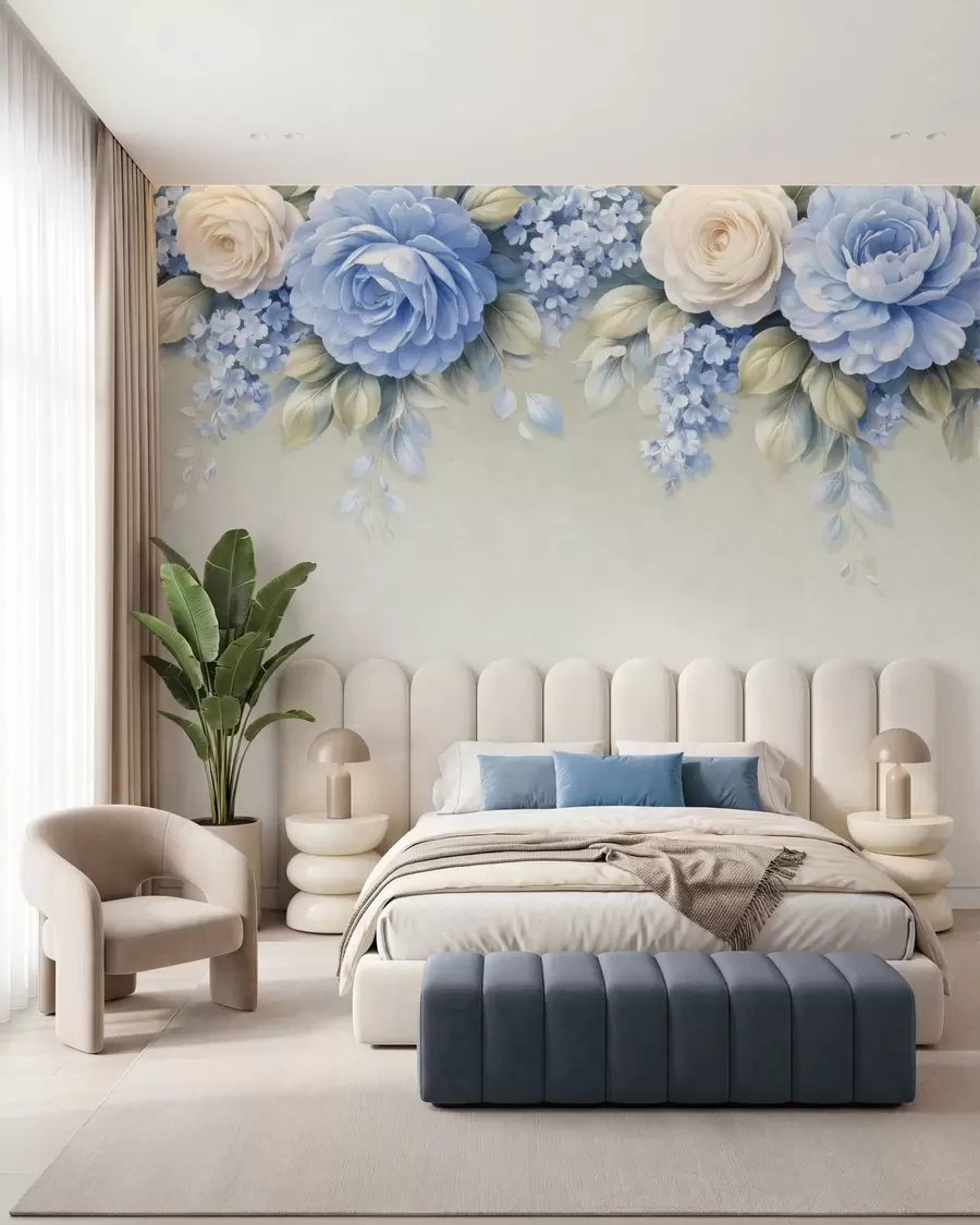 Carta da parati Floreale Delicate rose e mazzi di fiori in una composizione botanica di ispirazione porcellanata, caratterizzata da petali morbidi disposti a strati e da eleganti foglie sinuose n. w05495