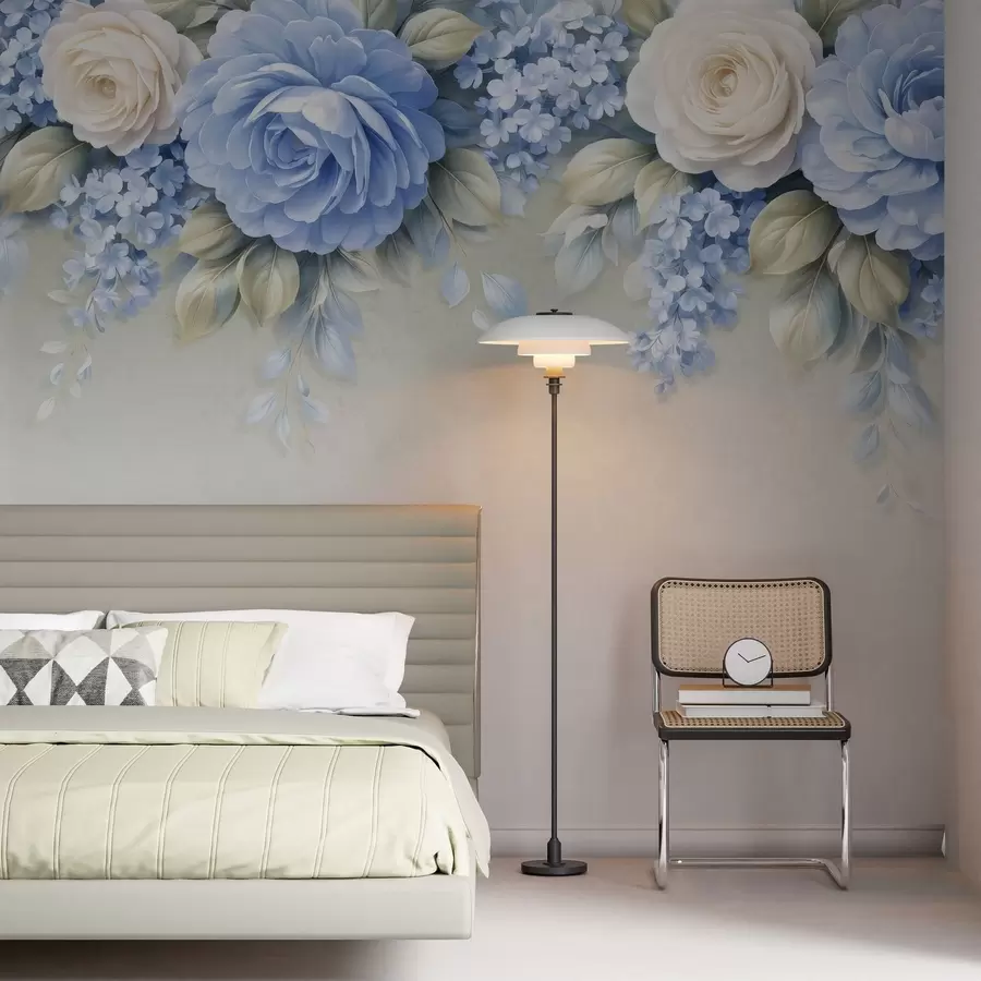 carta da parati Delicate rose e mazzi di fiori in una composizione botanica di ispirazione porcellanata, caratterizzata da petali morbidi disposti a strati e da eleganti foglie sinuose nr. w05495