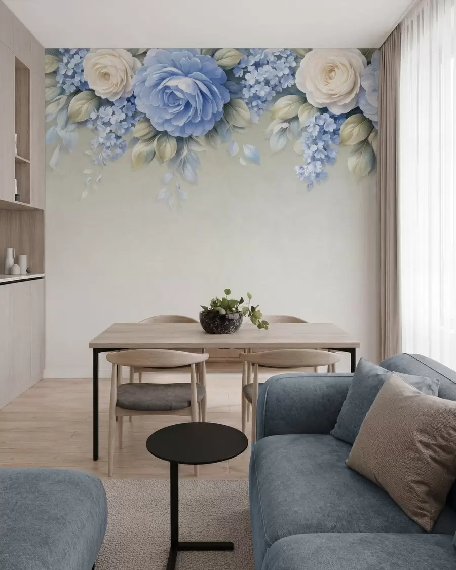 Carta da parati Floreale Delicate rose e mazzi di fiori in una composizione botanica di ispirazione porcellanata, caratterizzata da petali morbidi disposti a strati e da eleganti foglie sinuose n. w05495