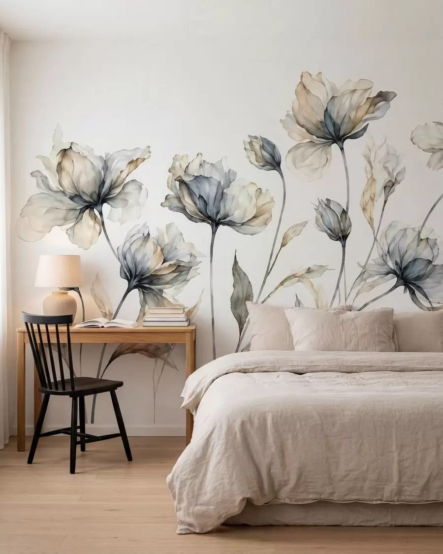 Carta da parati Floreale Fiori eleganti e vaporosi, con petali traslucidi disposti a strati su lunghi steli delicati n. w05579