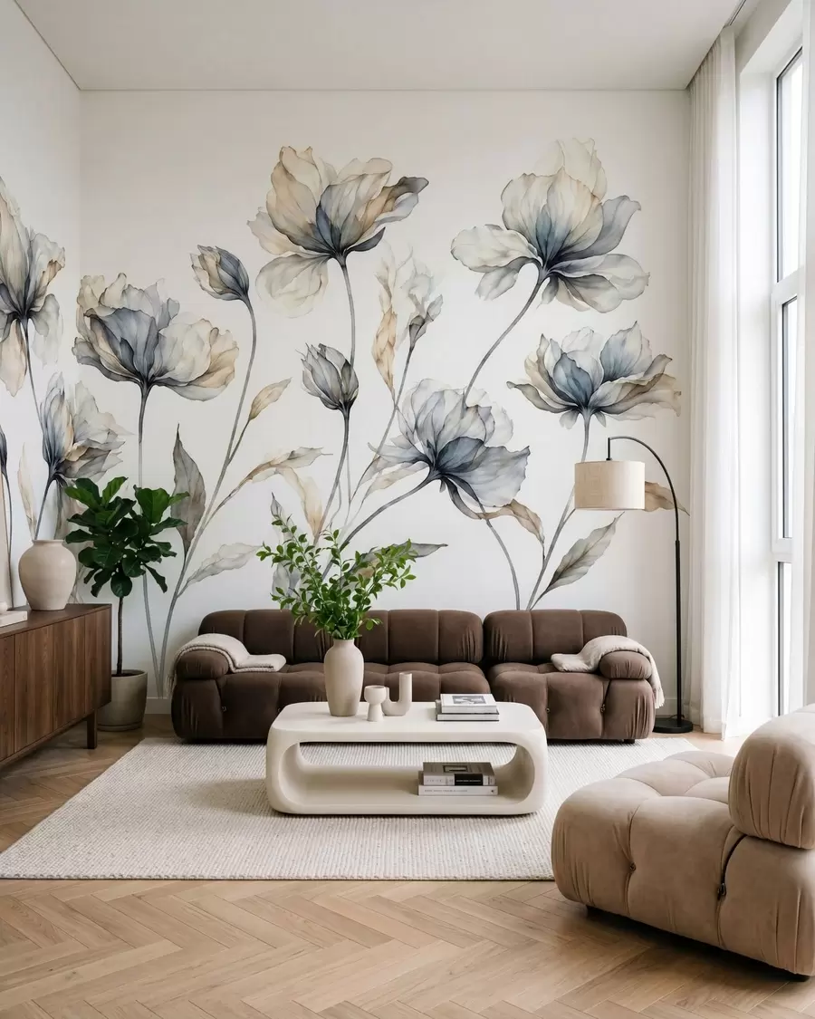 Carta da parati Floreale Fiori eleganti e vaporosi, con petali traslucidi disposti a strati su lunghi steli delicati n. w05579