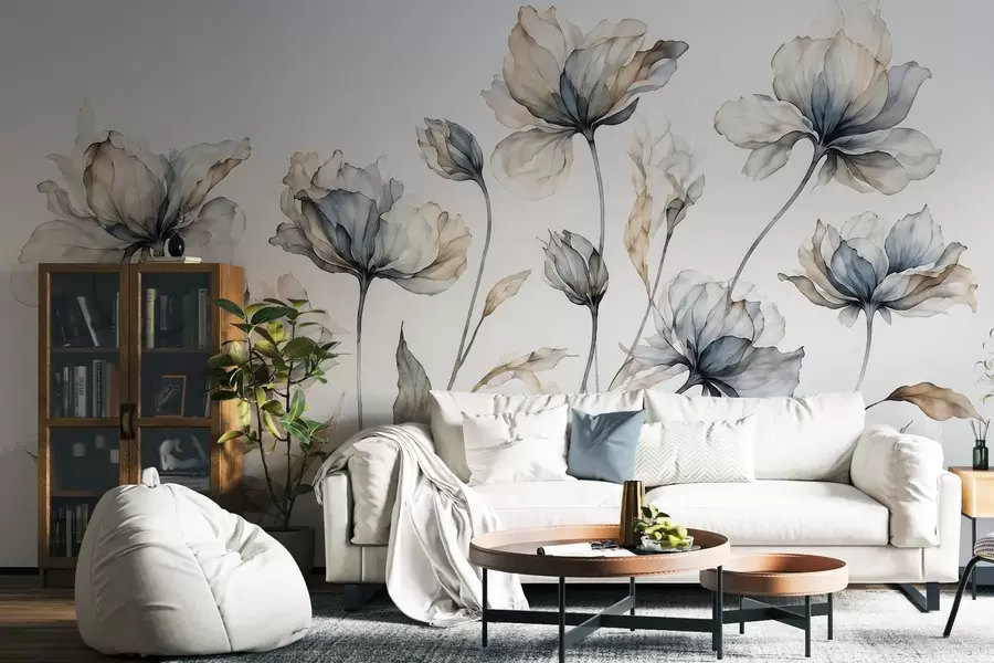 carta da parati Fiori eleganti e vaporosi, con petali traslucidi disposti a strati su lunghi steli delicati nr. w05579