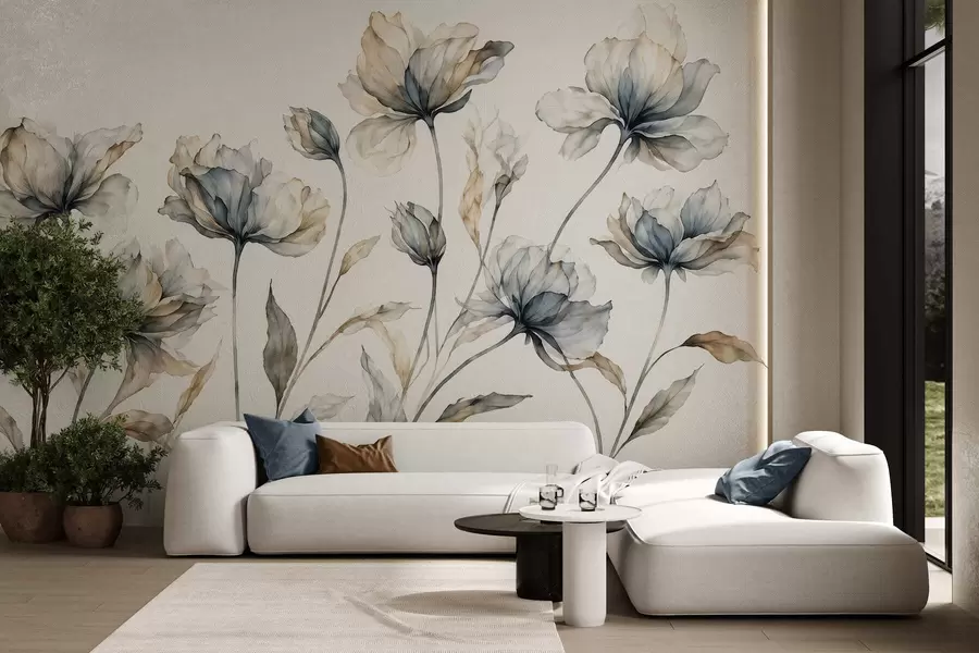 Carta da parati Floreale Fiori eleganti e vaporosi, con petali traslucidi disposti a strati su lunghi steli delicati n. w05579