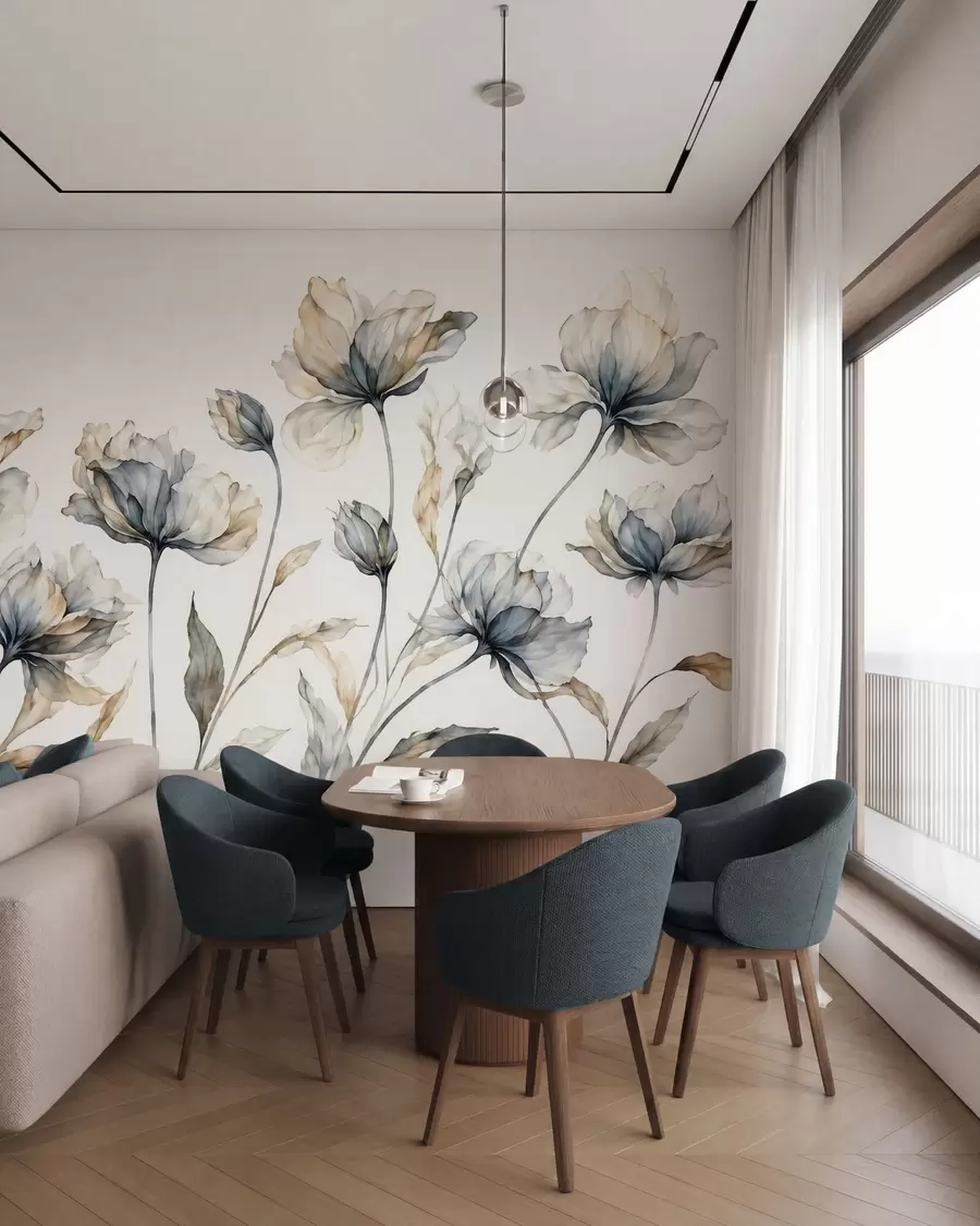 Carta da parati Floreale Fiori eleganti e vaporosi, con petali traslucidi disposti a strati su lunghi steli delicati n. w05579