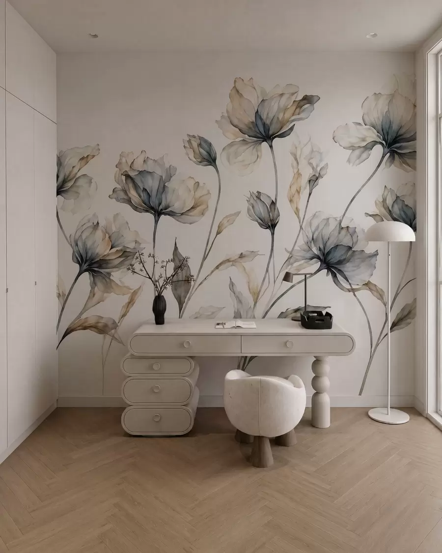 Carta da parati Floreale Fiori eleganti e vaporosi, con petali traslucidi disposti a strati su lunghi steli delicati n. w05579