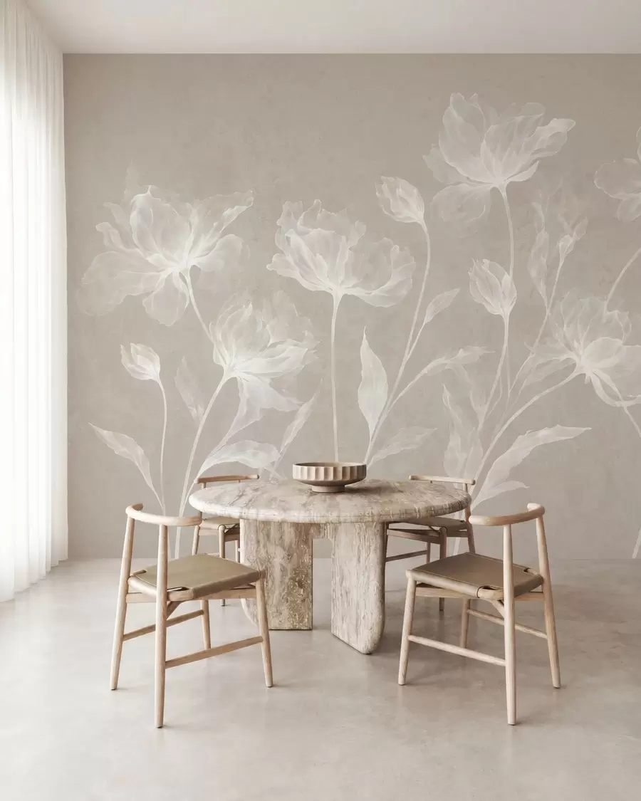 Carta da parati Floreale Fiori eleganti e vaporosi, con petali traslucidi disposti a strati su lunghi steli delicati n. w05579v1