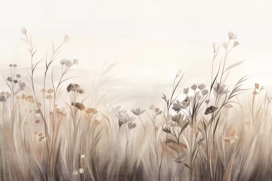 Carta da parati nature Un prato di fiori selvatici dai tenui toni del marrone e del beige, con erbe alte e delicati boccioli 