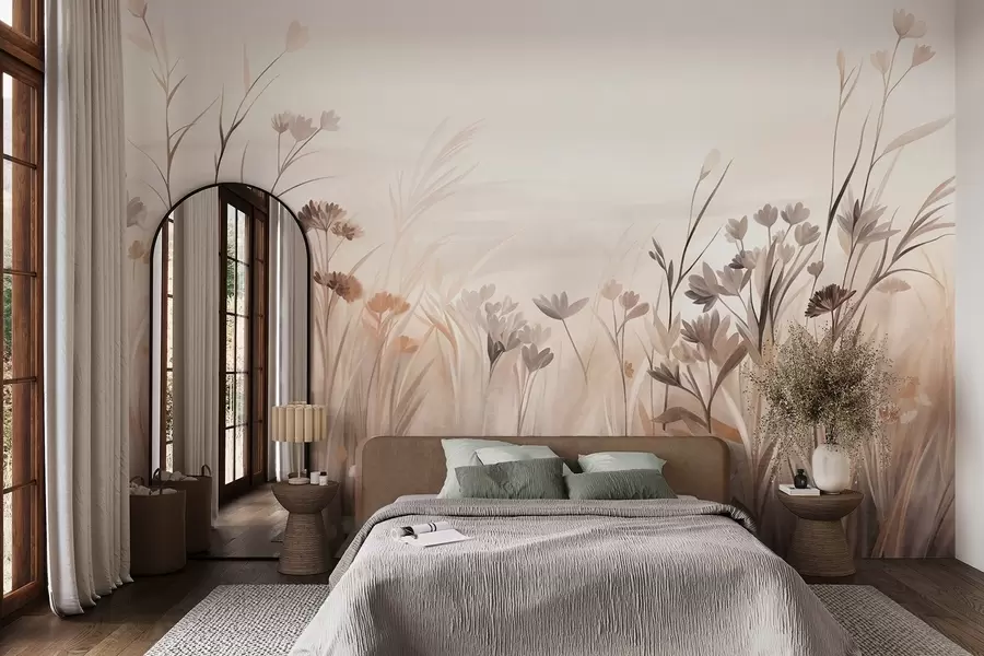 Carta da parati nature Un prato di fiori selvatici dai tenui toni del marrone e del beige, con erbe alte e delicati boccioli 