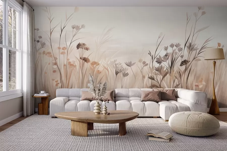 Carta da parati nature Un prato di fiori selvatici dai tenui toni del marrone e del beige, con erbe alte e delicati boccioli 