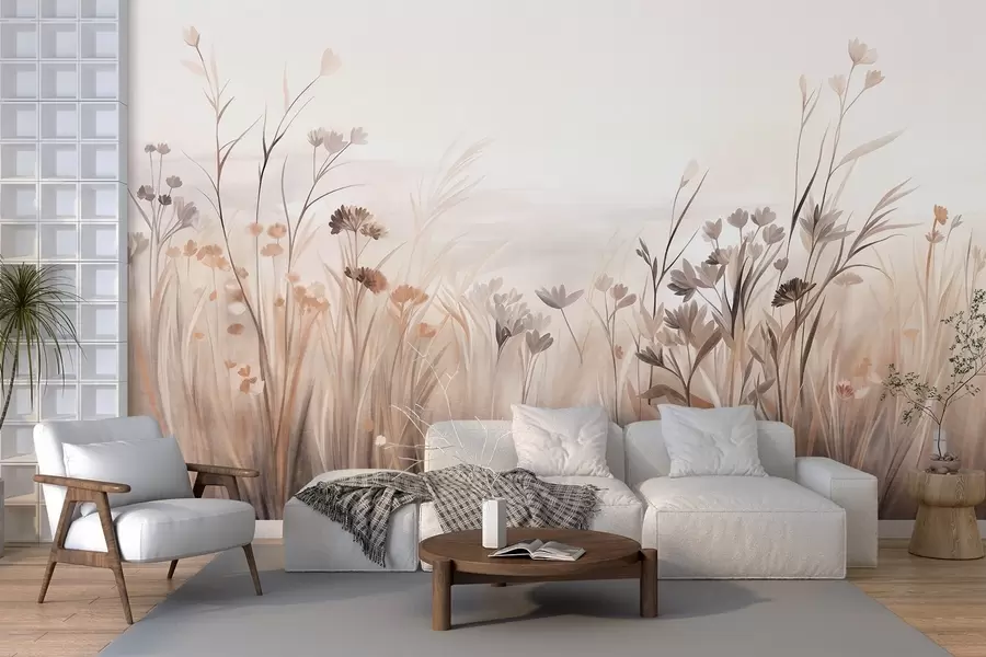 Carta da parati nature Un prato di fiori selvatici dai tenui toni del marrone e del beige, con erbe alte e delicati boccioli 