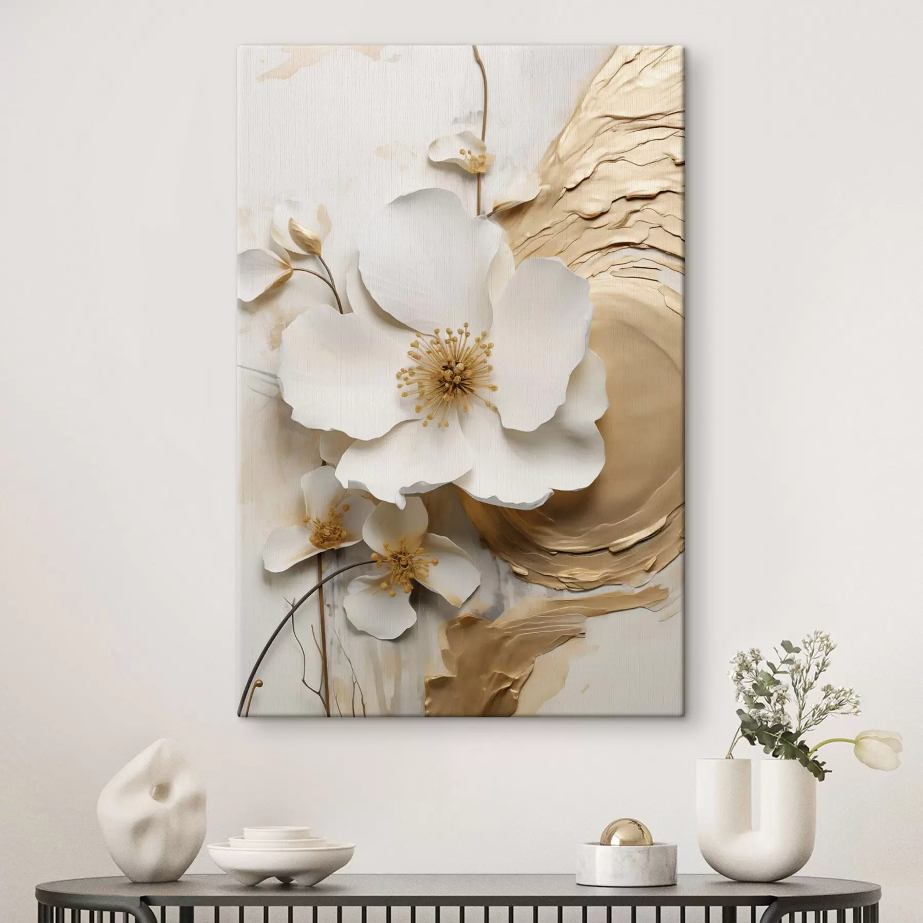 carta da parati Fiore bianco stilizzato, con pennellate imitate su uno sfondo ruvido nr. s49153