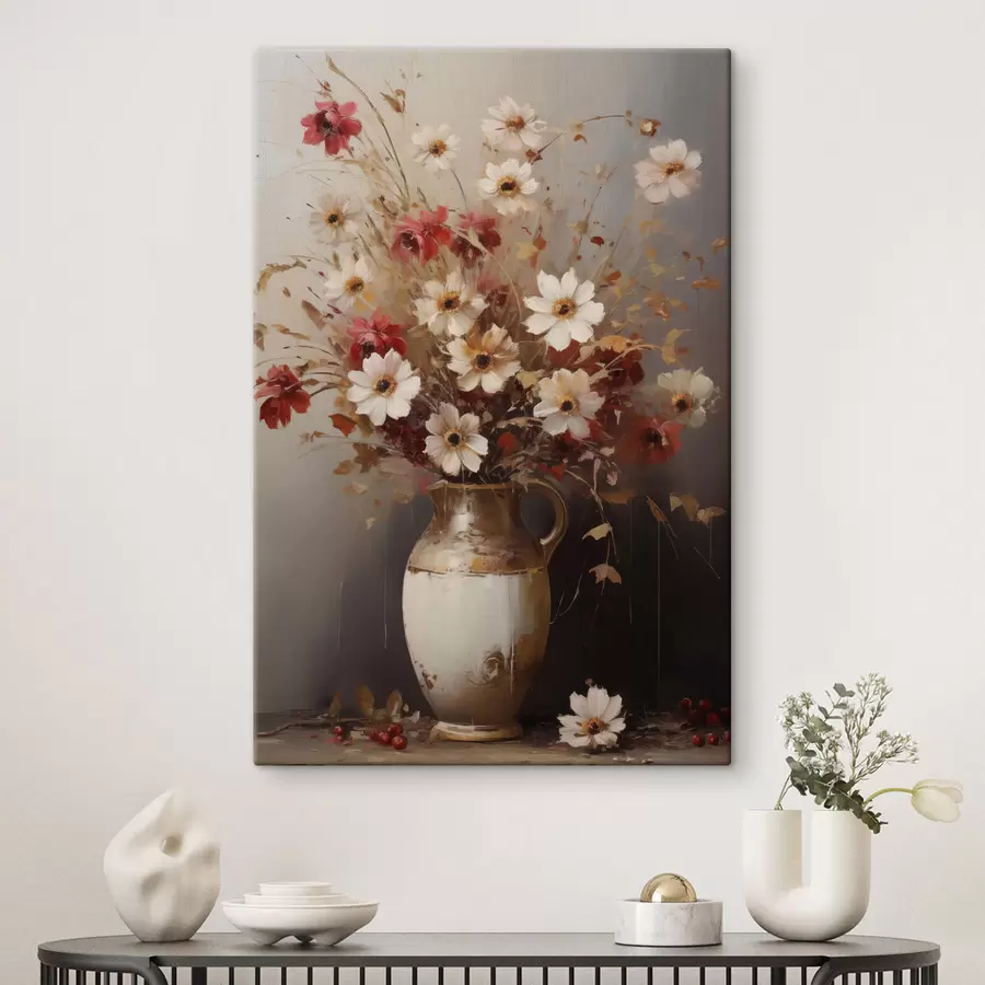 carta da parati Un bouquet di fiori bianchi e rossi con tocchi marroni in un vaso, in stile pittorico nr. s49161