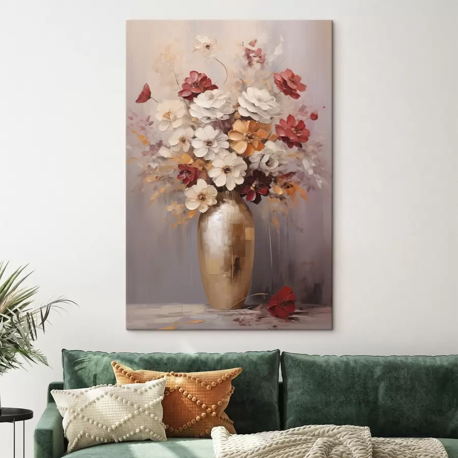 carta da parati Un bouquet di fiori bianchi e rossi con tocchi marroni in un vaso, in stile pittorico nr. s49162