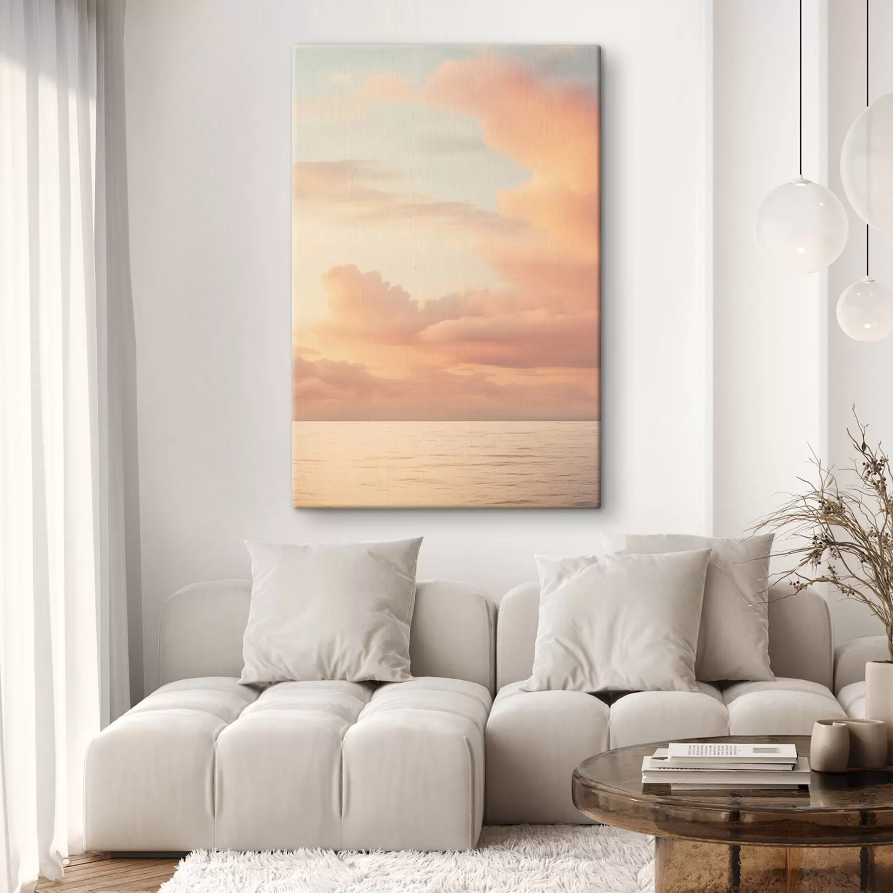 carta da parati Un cielo dai colori pastello, punteggiato da morbide nuvole, sopra un mare calmo e specchiato al tramonto nr. s49178