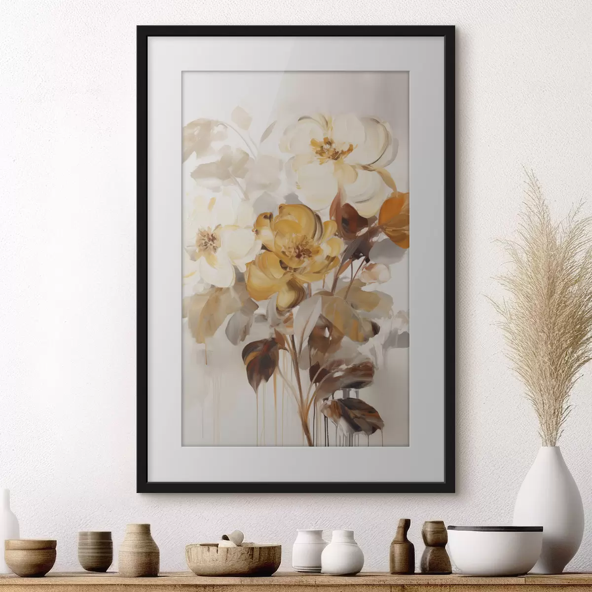 Poster Fiori astratti con foglie marroni, in stile pittorico e con pennellate f49146