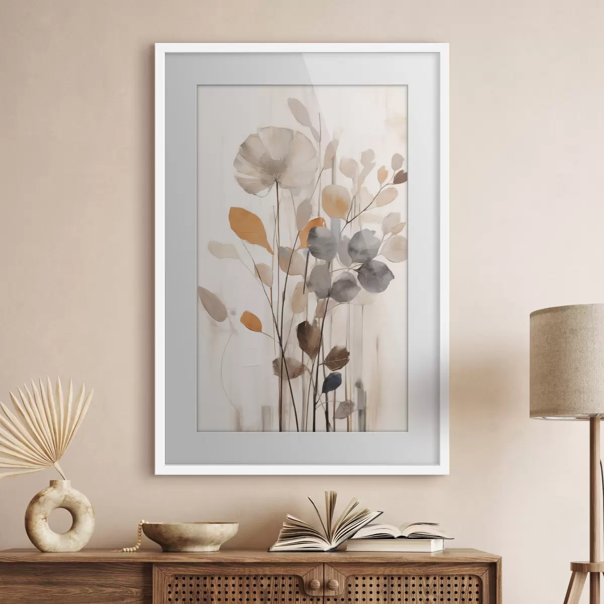Poster Composizione floreale dai toni tenui dell'arancione e del grigio, arte astratta f49148