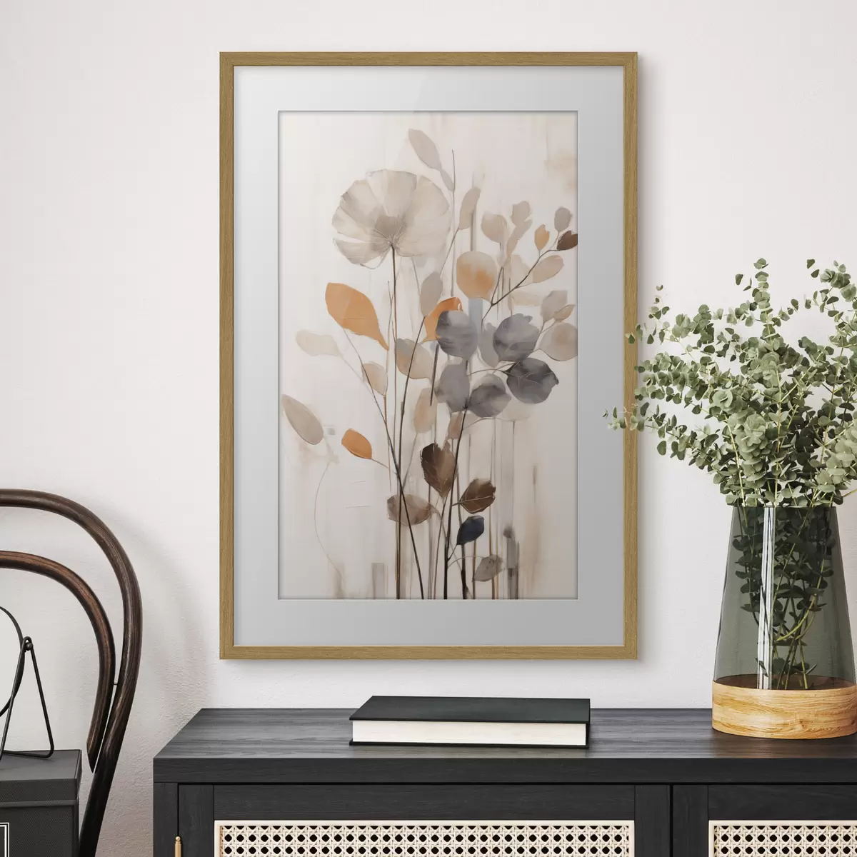 Poster Composizione floreale dai toni tenui dell'arancione e del grigio, arte astratta f49148