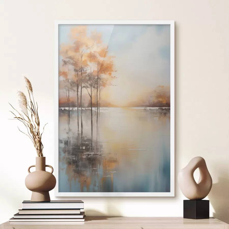 carta da parati Paesaggio, alberi dalle foglie arancioni, lago, il sole sullo sfondo nr. f49152
