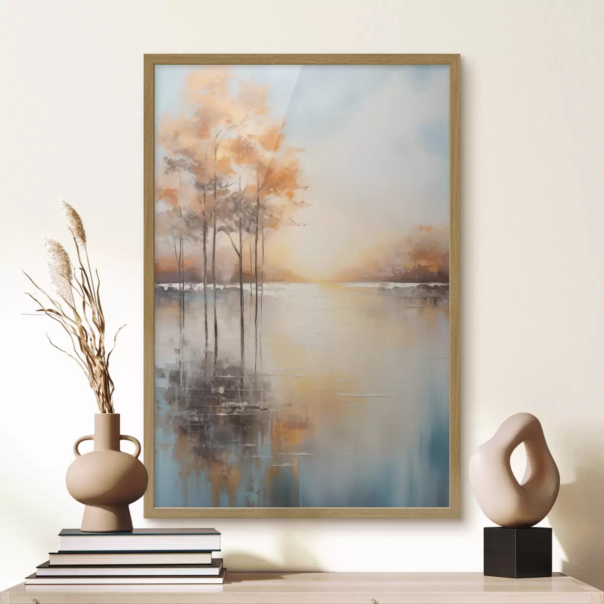 Poster Paesaggio, alberi dalle foglie arancioni, lago, il sole sullo sfondo f49152