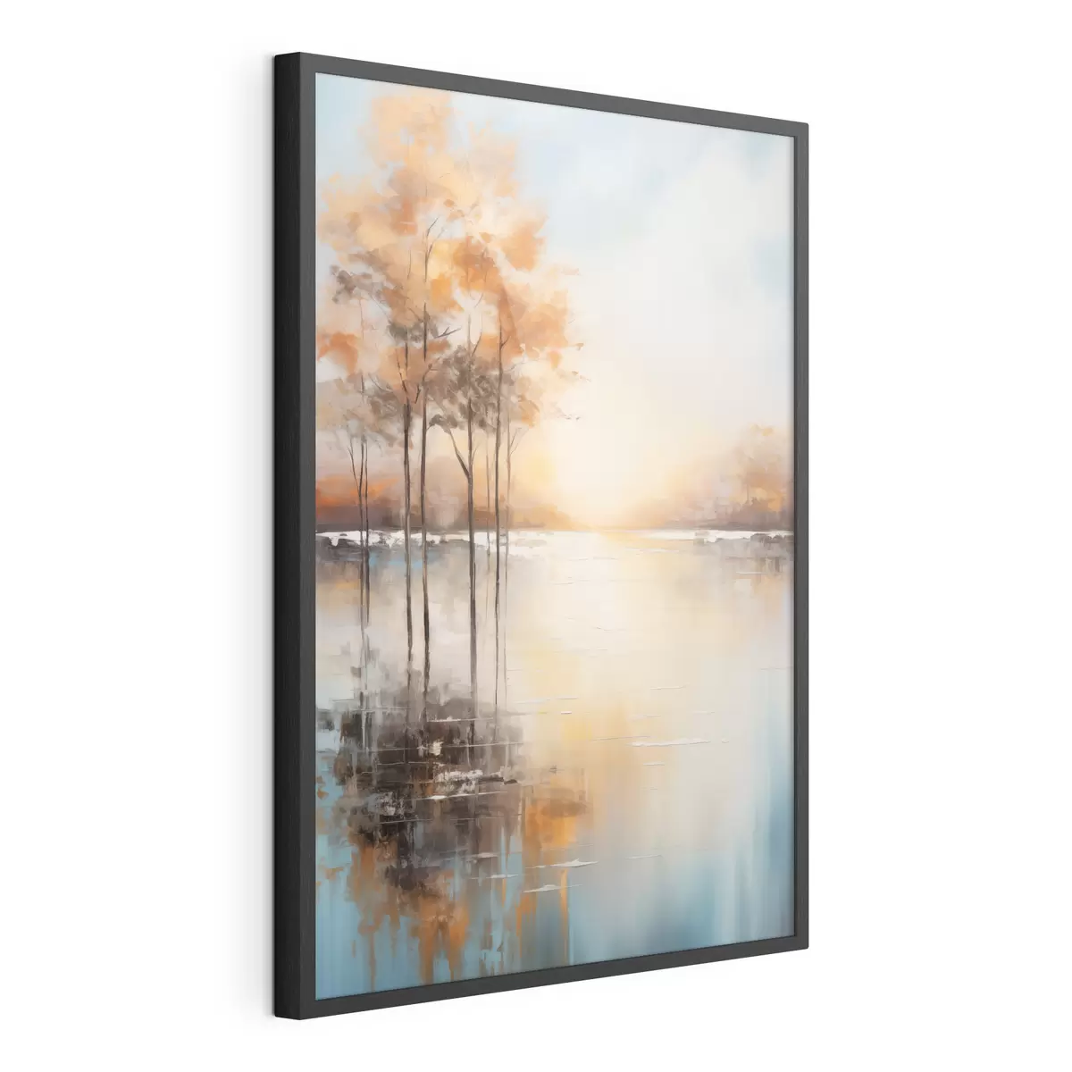 Poster Paesaggio, alberi dalle foglie arancioni, lago, il sole sullo sfondo f49152