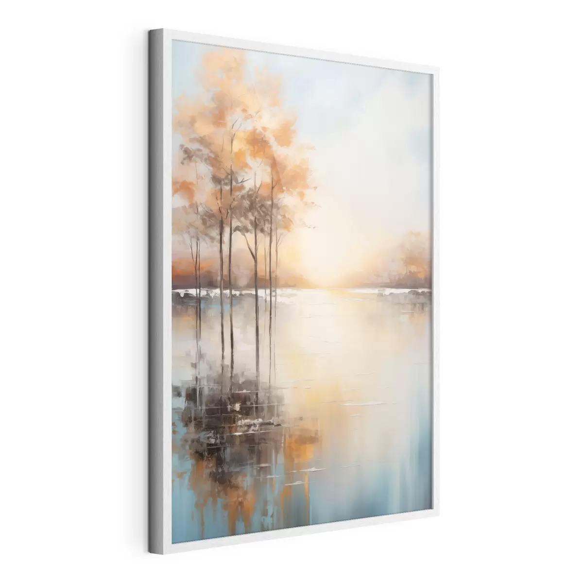 Poster Paesaggio, alberi dalle foglie arancioni, lago, il sole sullo sfondo f49152