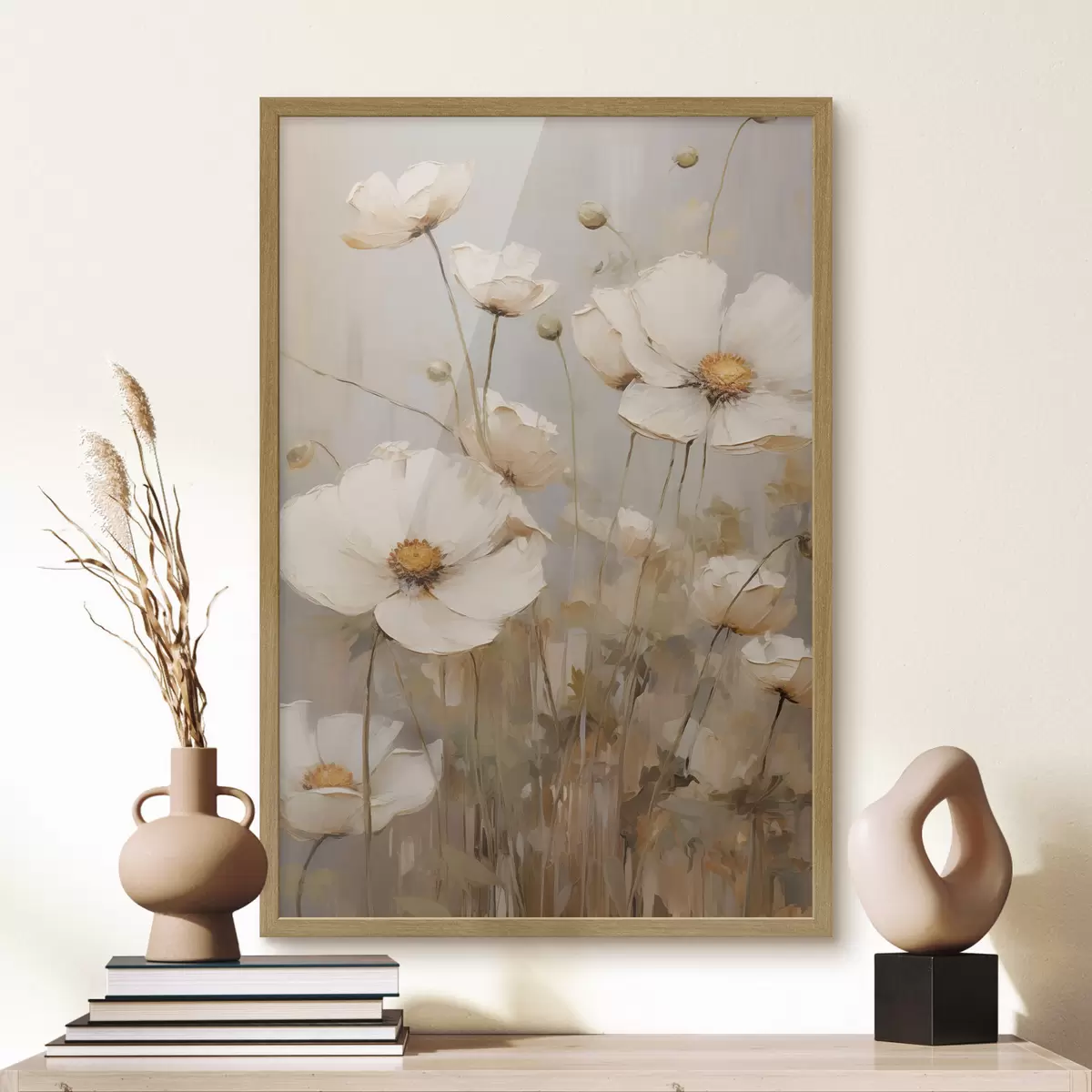 Poster Papaveri bianchi dipinti in uno stile delicato e impressionista su uno sfondo dai toni tenui f49159