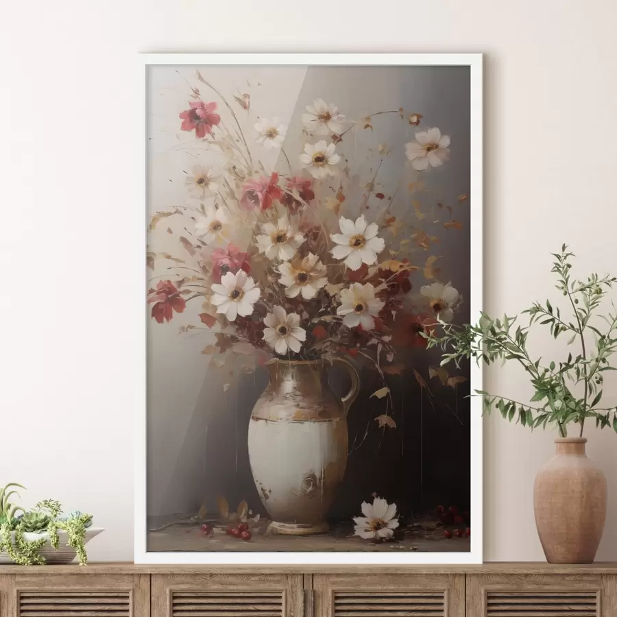 carta da parati Un bouquet di fiori bianchi e rossi con tocchi marroni in un vaso, in stile pittorico nr. f49161