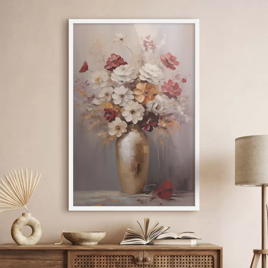 carta da parati Un bouquet di fiori bianchi e rossi con tocchi marroni in un vaso, in stile pittorico nr. f49162