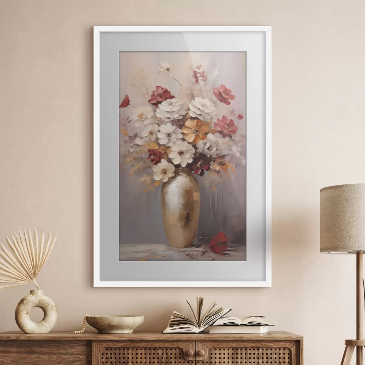 Poster Un bouquet di fiori bianchi e rossi con tocchi marroni in un vaso, in stile pittorico f49162