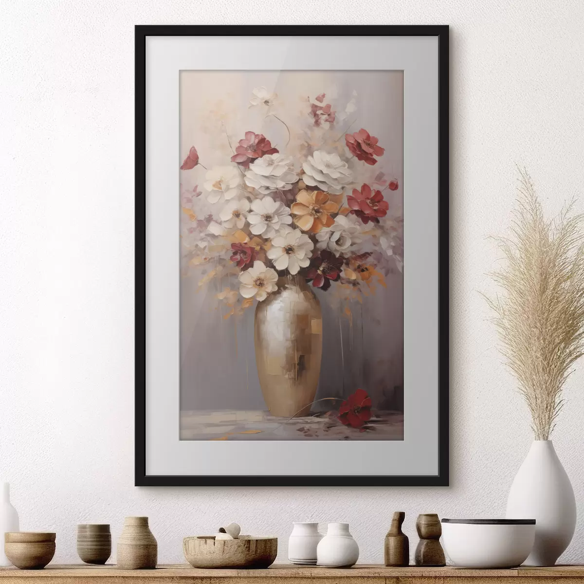 Poster Un bouquet di fiori bianchi e rossi con tocchi marroni in un vaso, in stile pittorico f49162