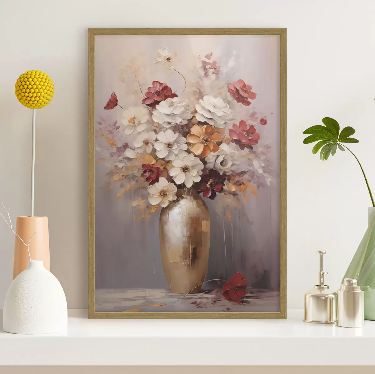 Poster Un bouquet di fiori bianchi e rossi con tocchi marroni in un vaso, in stile pittorico f49162
