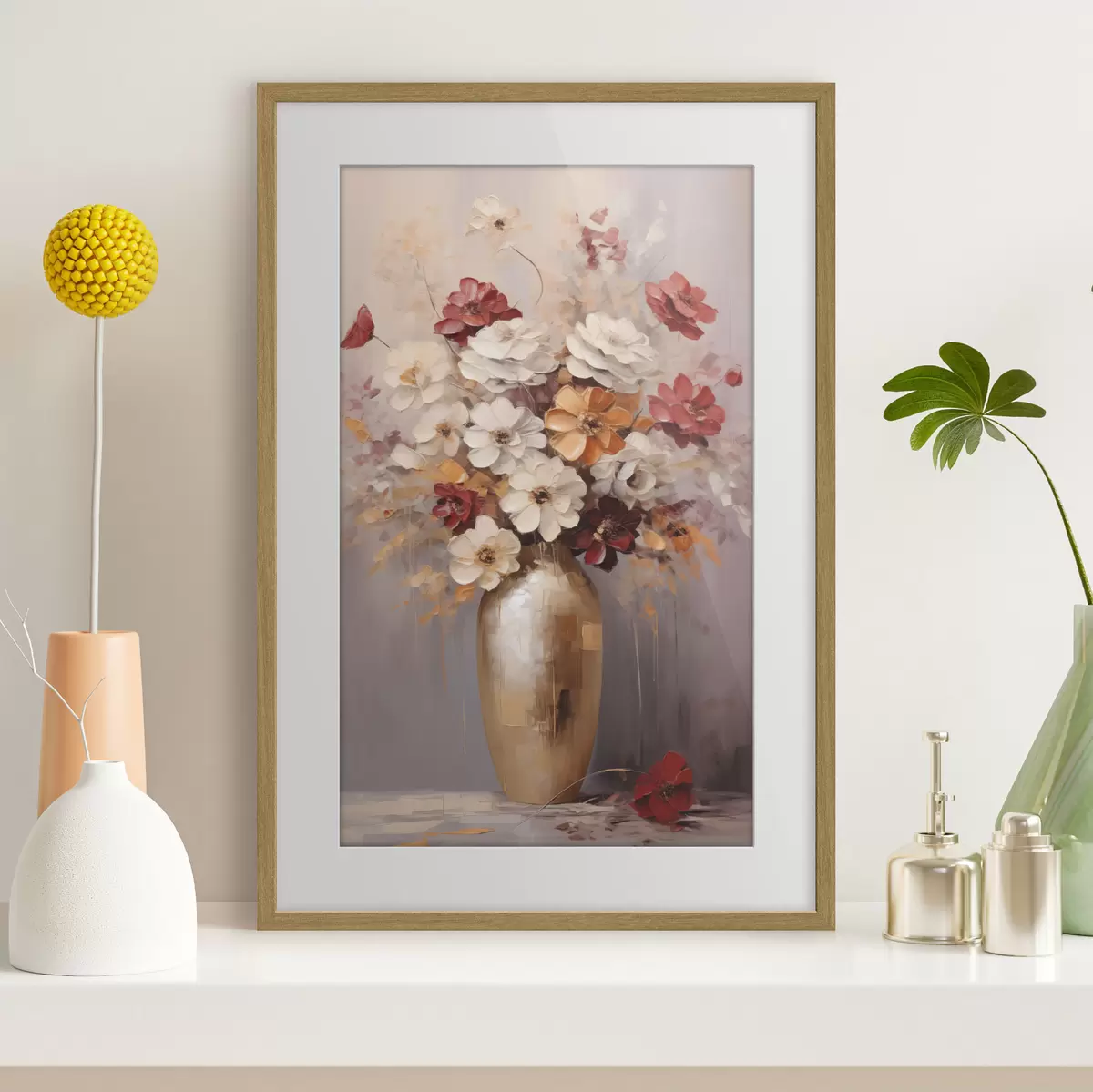 Poster Un bouquet di fiori bianchi e rossi con tocchi marroni in un vaso, in stile pittorico f49162