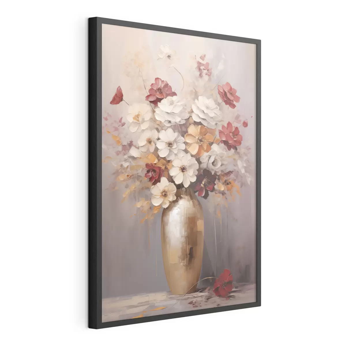 Poster Un bouquet di fiori bianchi e rossi con tocchi marroni in un vaso, in stile pittorico f49162