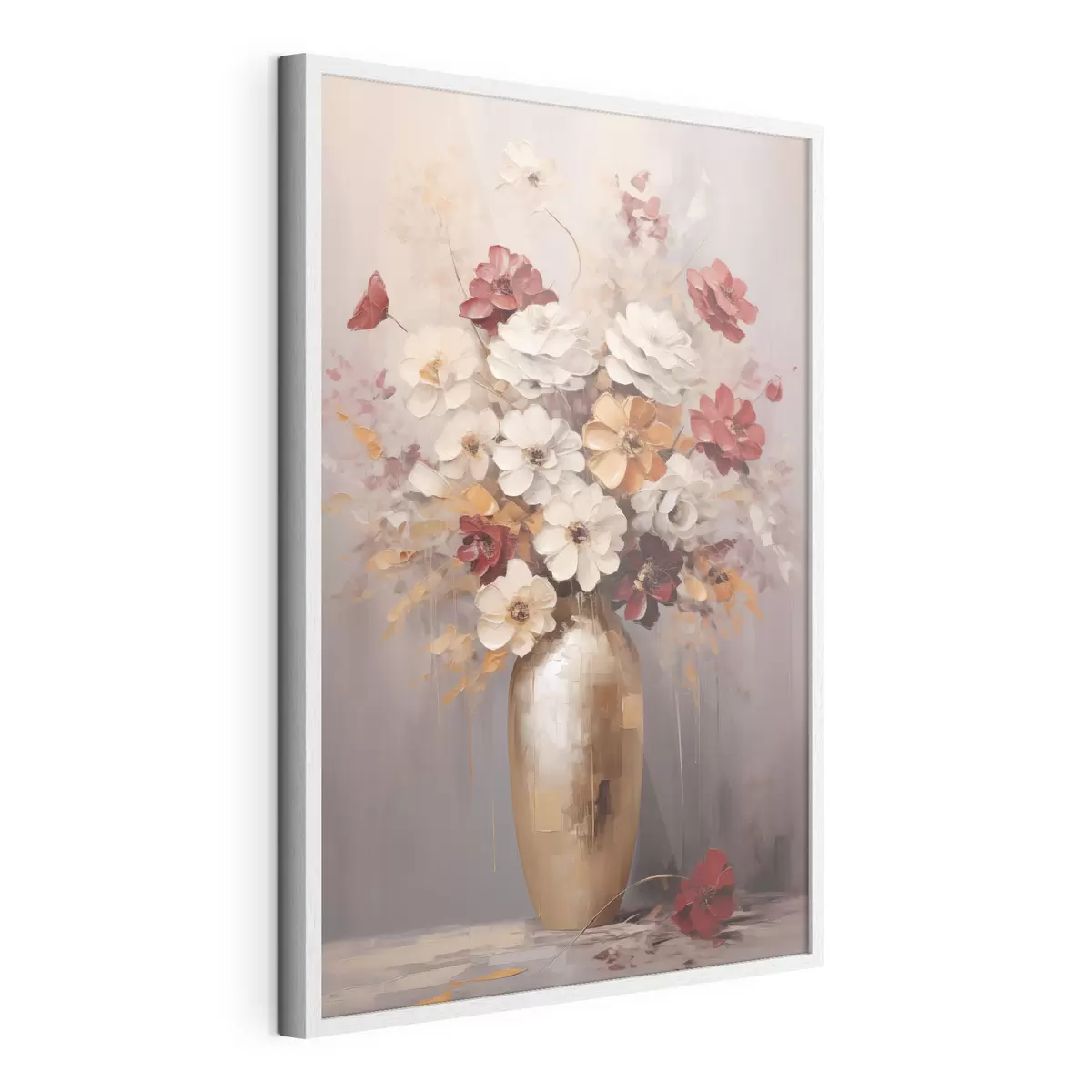 Poster Un bouquet di fiori bianchi e rossi con tocchi marroni in un vaso, in stile pittorico f49162