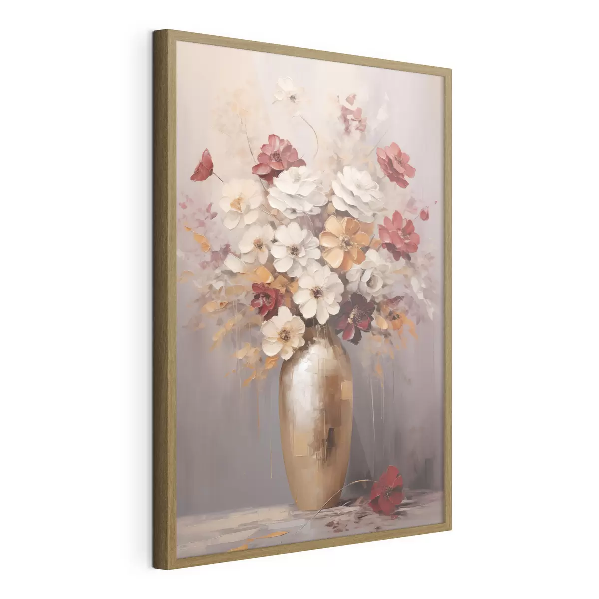 Poster Un bouquet di fiori bianchi e rossi con tocchi marroni in un vaso, in stile pittorico f49162