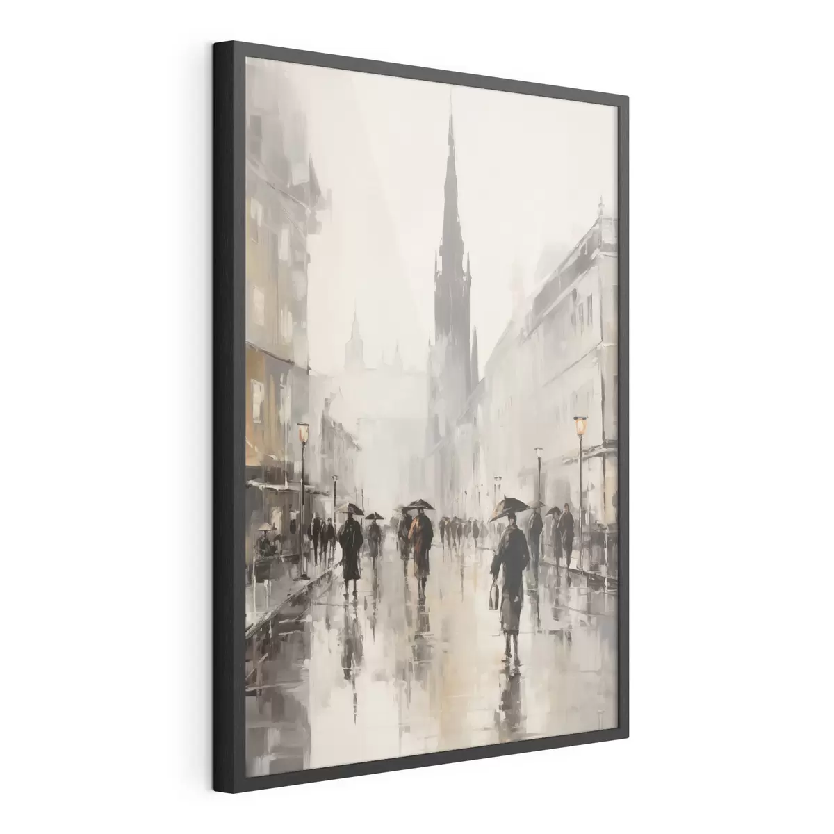 Poster Un gruppo di persone con gli ombrelli cammina lungo una strada bagnata in città f49167