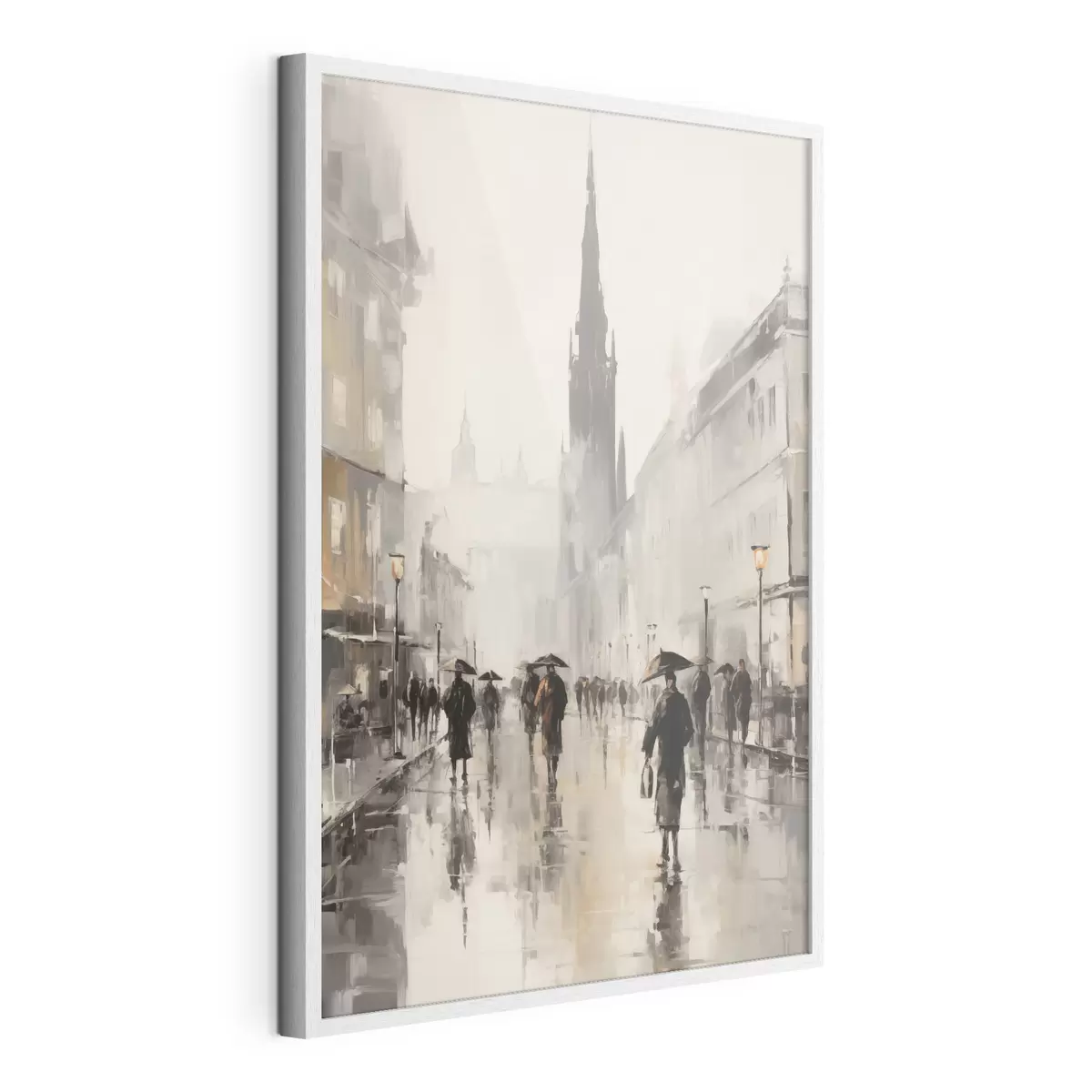 Poster Un gruppo di persone con gli ombrelli cammina lungo una strada bagnata in città f49167