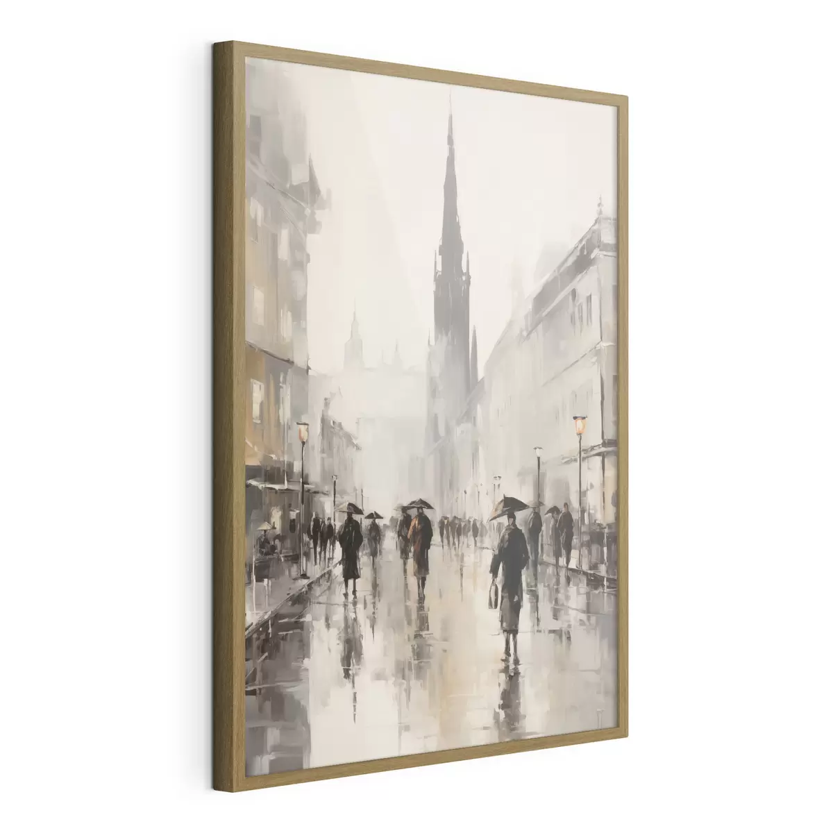 Poster Un gruppo di persone con gli ombrelli cammina lungo una strada bagnata in città f49167