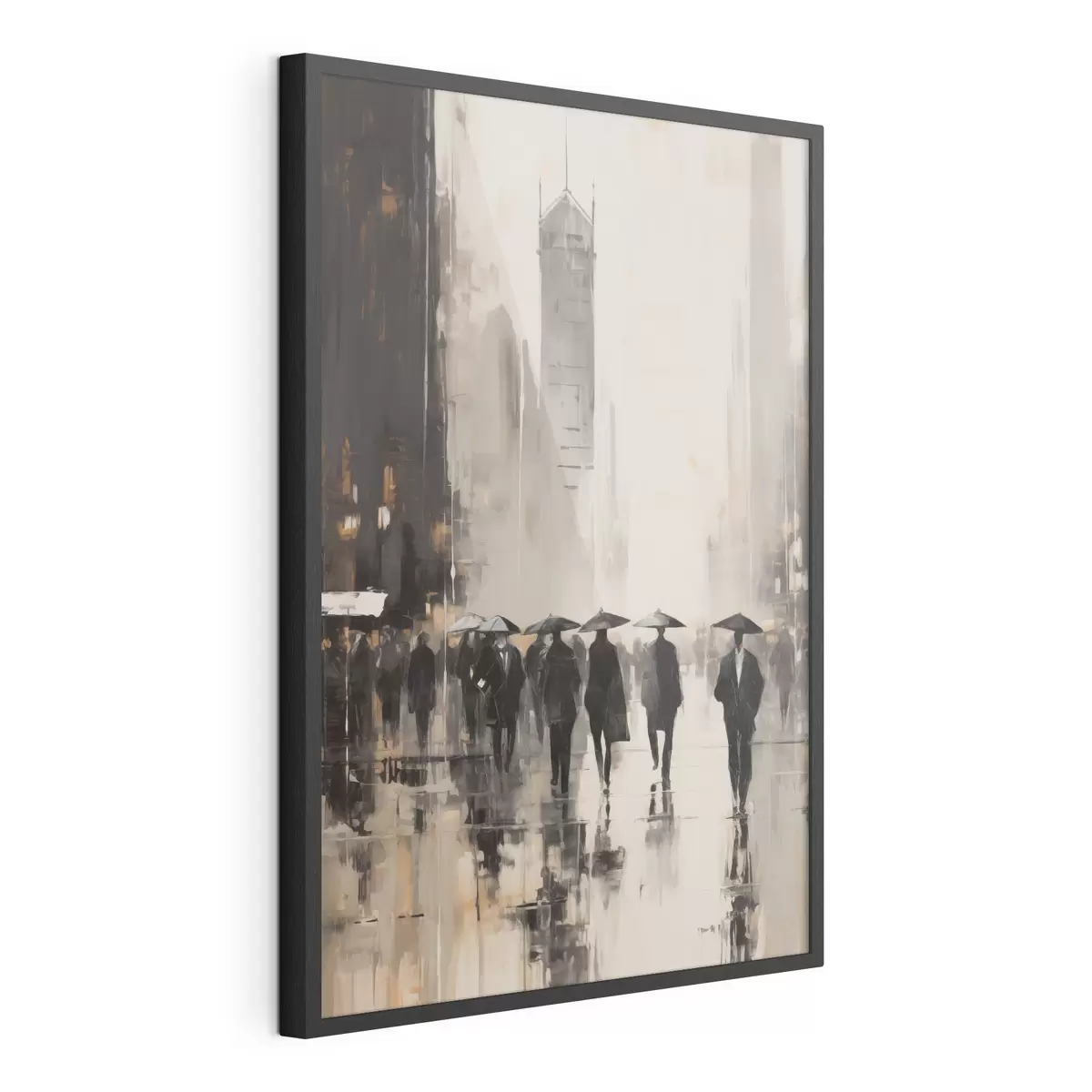 Poster Un gruppo di persone con gli ombrelli cammina lungo una strada bagnata in città f49168