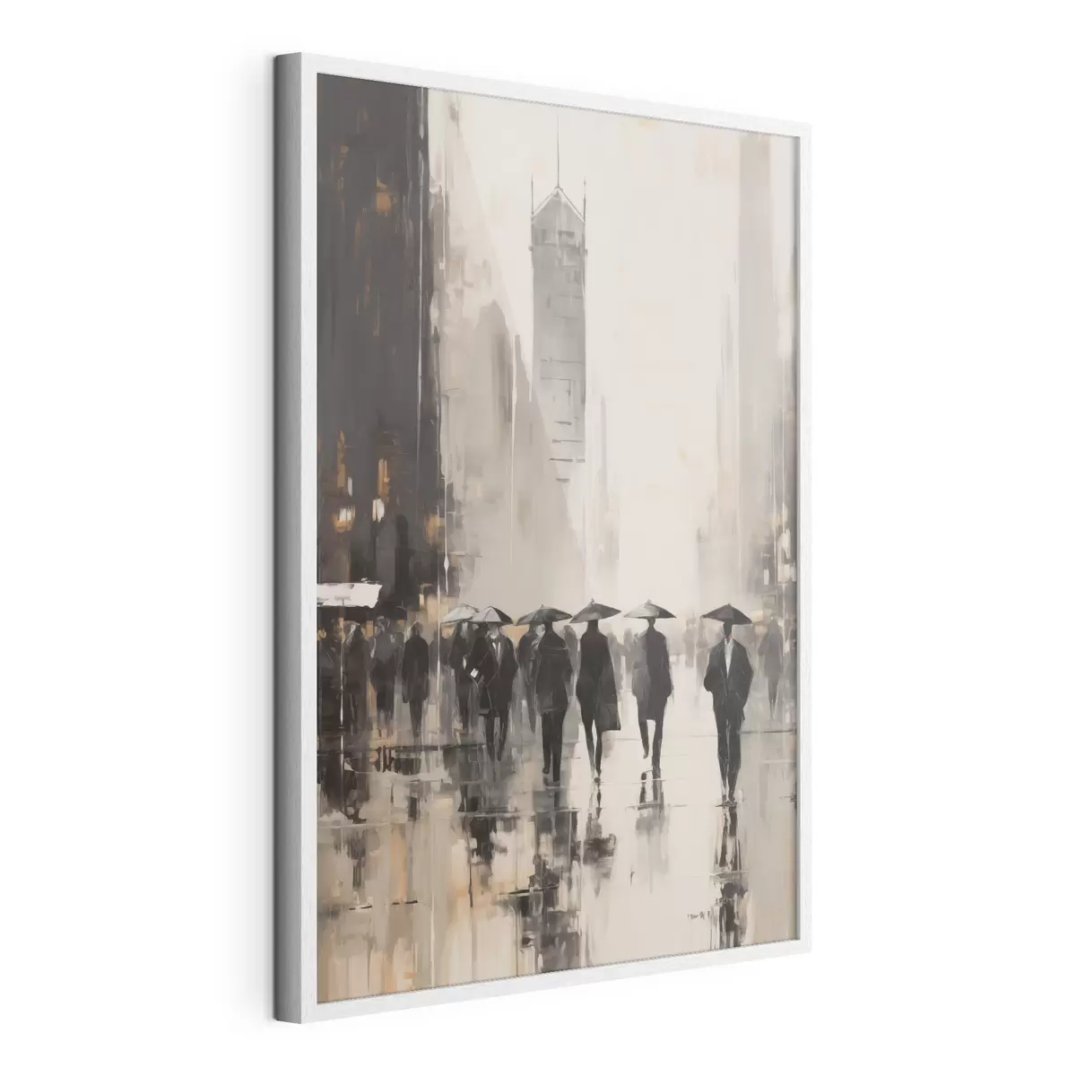 Poster Un gruppo di persone con gli ombrelli cammina lungo una strada bagnata in città f49168