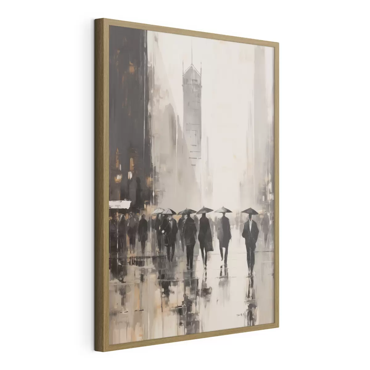 Poster Un gruppo di persone con gli ombrelli cammina lungo una strada bagnata in città f49168