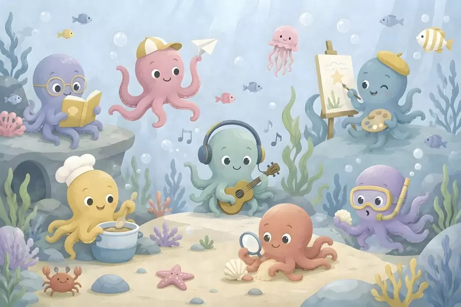 Carta da parati per Bambini Allegri e creativi polpi nel mondo sottomarino 