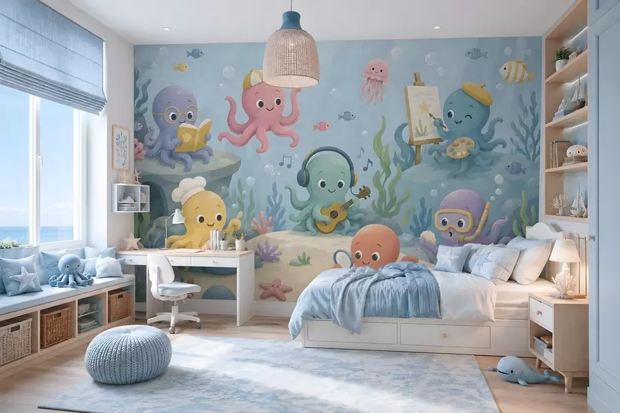 Carta da parati per Bambini Allegri e creativi polpi nel mondo sottomarino 