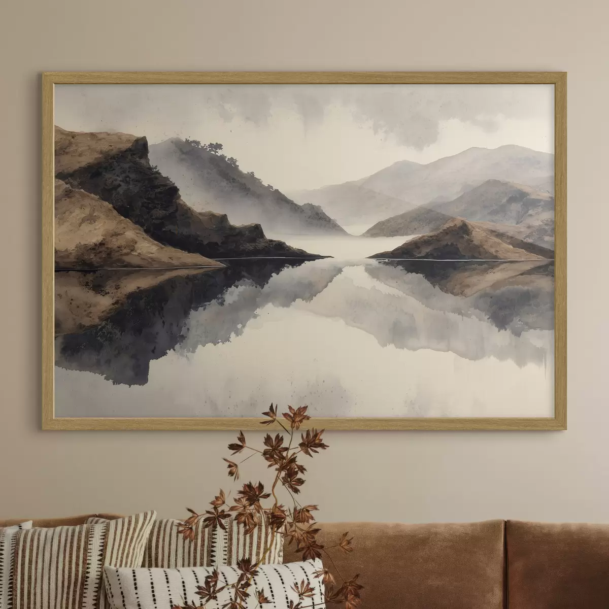 Poster Montagne avvolte nella nebbia e un lago con riflessi specchiati f49186