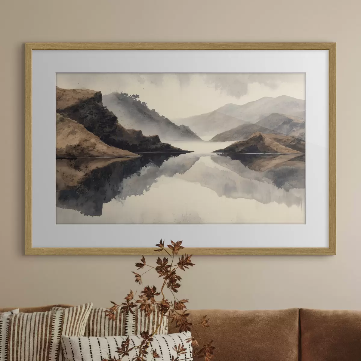 Poster Montagne avvolte nella nebbia e un lago con riflessi specchiati f49186